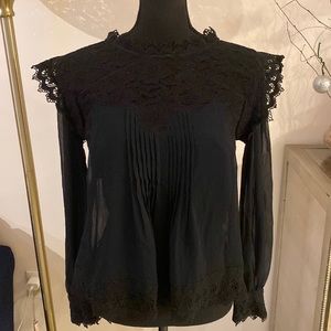 Anthropologie Love Sam Black Lace Yoke Long Sleeve Blouse